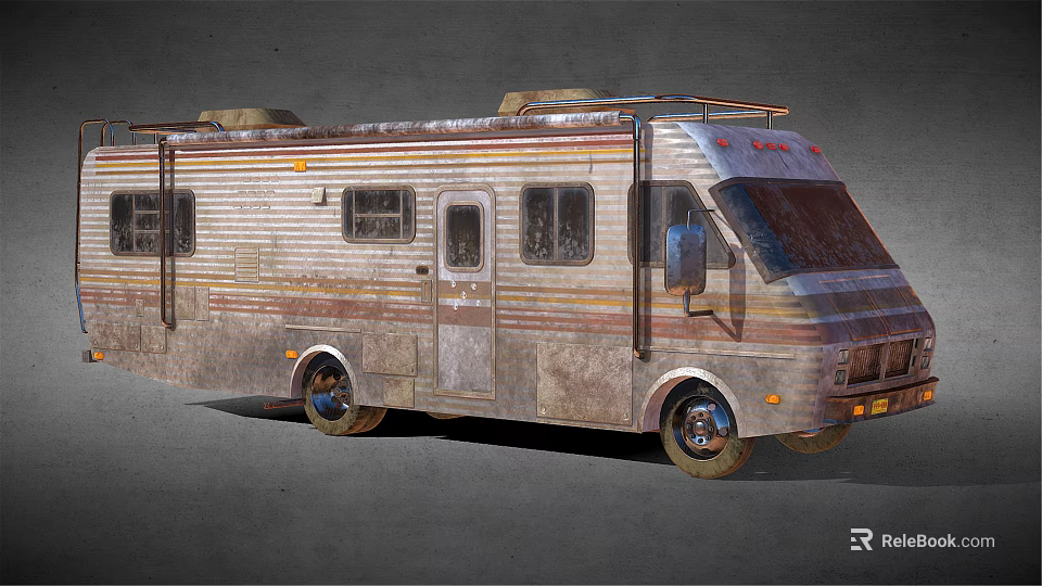 Old Rusty Camper Van Exterior With Striped Body Windows And Roof Rack 3d model 