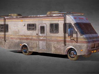 Old Rusty Camper Van Exterior With Striped Body Windows And Roof Rack 3d model