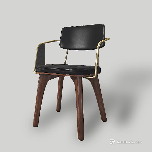 Modern Accent Chair With Black Leather Backrest Seat Gold Metal Armrests Walnut Legs 3d model 