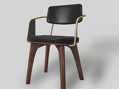 Modern Accent Chair With Black Leather Backrest Seat Gold Metal Armrests Walnut Legs 3d model