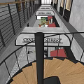 Central Street Commercial Area With Modern Architecture Outdoor Seating And Spiral Staircase