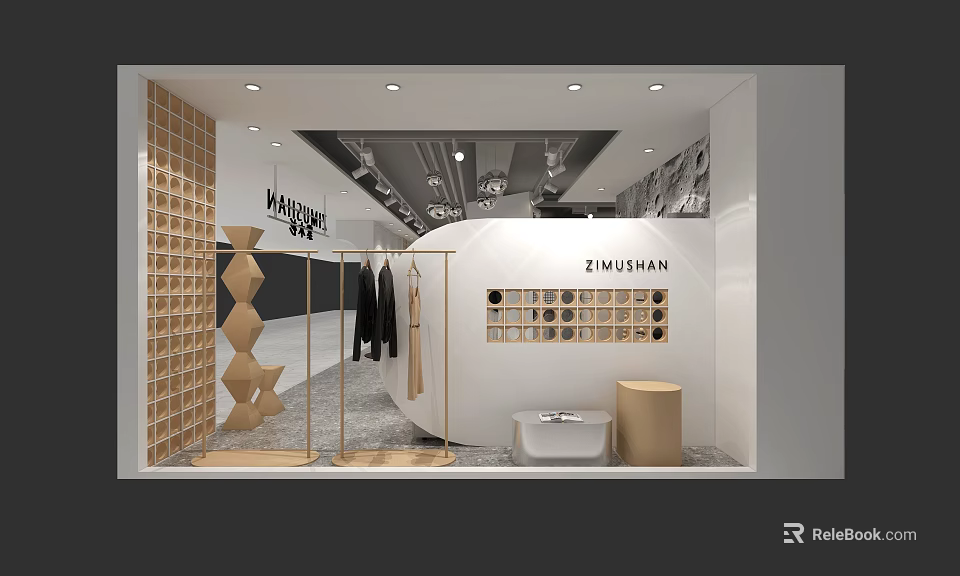 ZIMUSHAN Clothing Store Interior With Hanging Clothes Display Shelves And Decorative Elements 3d model 