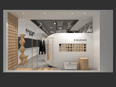 ZIMUSHAN Clothing Store Interior With Hanging Clothes Display Shelves And Decorative Elements 3d model
