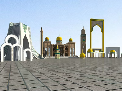 Traditional Islamic Architectural Complex With Yellow Domes Minarets Arched Gates And Spacious Plaza 3d model