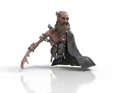 Emaciated Elderly Man With Mechanical Limbs Kneeling In Black Cloak Against White Background 3d model