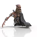 Emaciated Elderly Man With Mechanical Limbs Kneeling In Black Cloak Against White Background