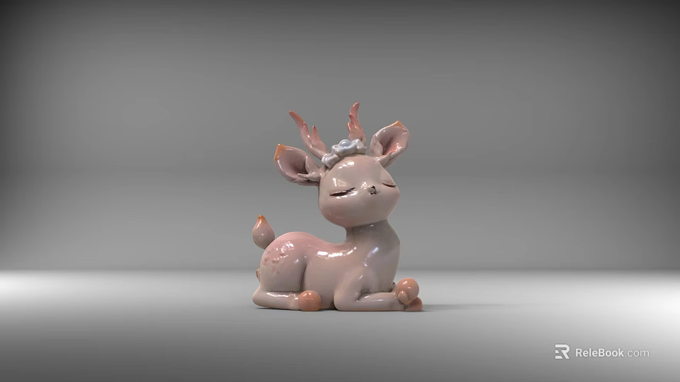 Cute Pink Deer Sculpture with Closed Eyes and Antlers in Sitting Pose 3d model 