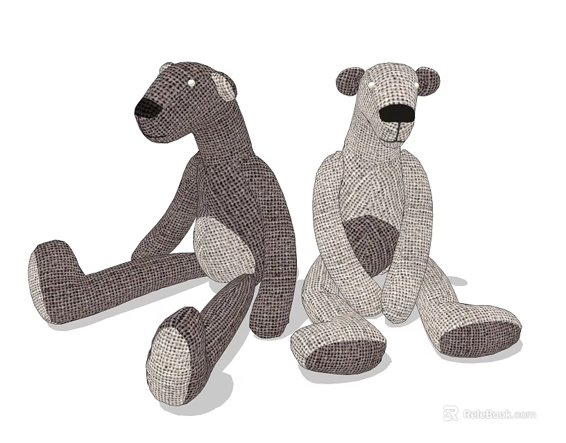 Two Dark Brown And Light Gray Stuffed Bear Toys Sitting With Knitted Fabric Texture 3d model 