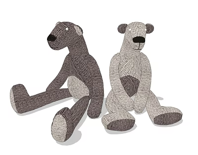 Two Dark Brown And Light Gray Stuffed Bear Toys Sitting With Knitted Fabric Texture 3d model