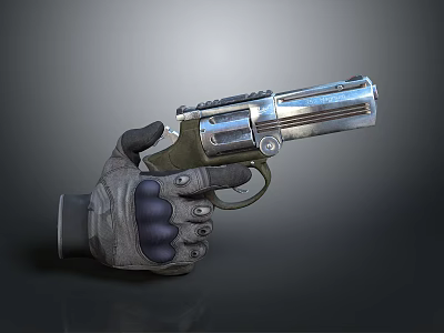 Revolver With Metallic Barrel And Cylinder Held By Tactical Gloved Hand Showing Details 3d model