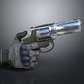 Revolver With Metallic Barrel And Cylinder Held By Tactical Gloved Hand Showing Details