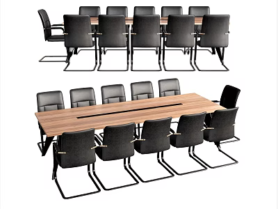 Modern Conference Table With Wooden Tabletop And Black Chairs Metal Frames 3d model