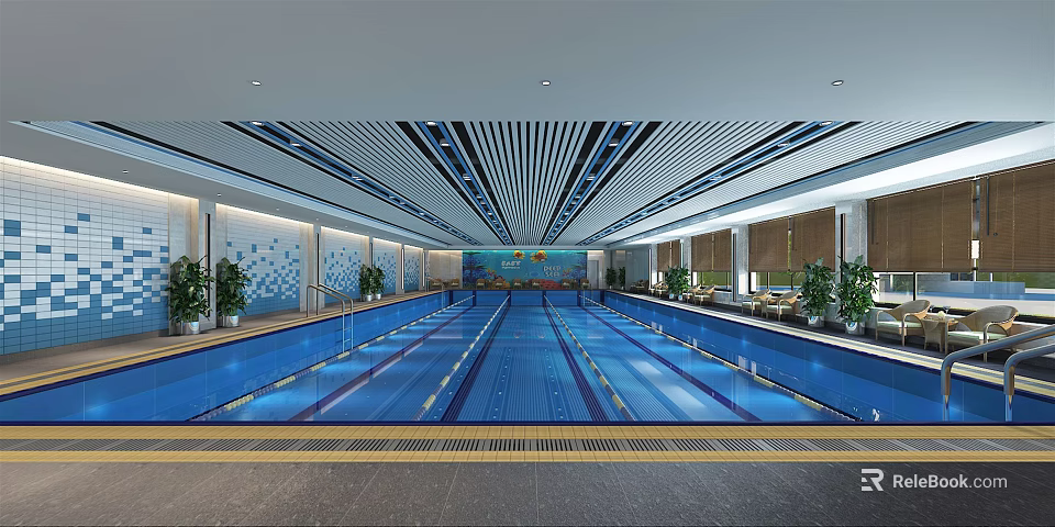 Indoor Swimming Pool Interior Design With Blue Water Striped Ceiling And Green Plants 3d model 