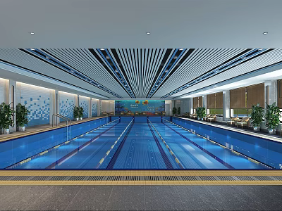 Indoor Swimming Pool Interior Design With Blue Water Striped Ceiling And Green Plants 3d model