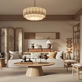 Traditional Chinese Living Room With Wooden Screen Sofa Coffee Table Bookshelf And Pendant Light