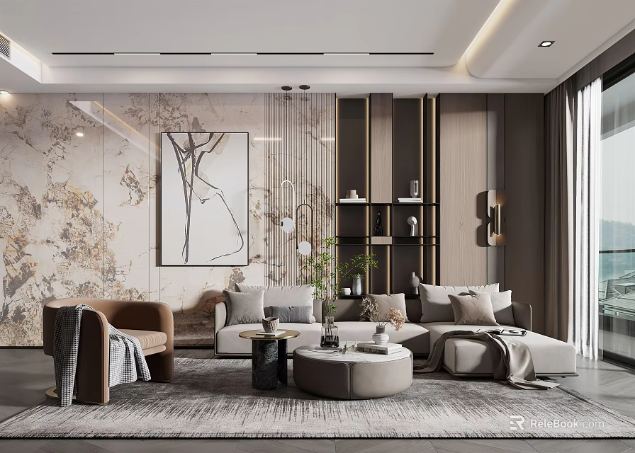 Modern Living Room Interior With Marble Wall Artwork Sofa Set Rug And Pendant Lights 3d model 