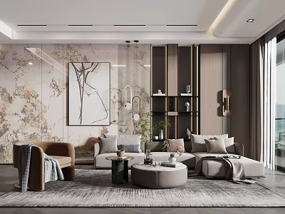 Modern Living Room Interior With Marble Wall Artwork Sofa Set Rug And Pendant Lights 3d model