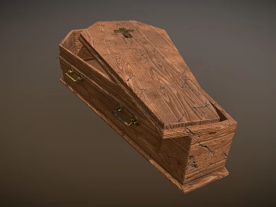 Wooden Coffin With Wood Grain Texture Cracks And Metal Handles Cross Decoration 3d model