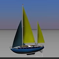 Blue and White Sailboat With Two Yellow Blue Sails on Calm Water and Clear Sky