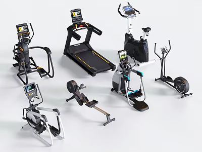 Various Home Gym Fitness Equipment With Treadmill Elliptical Rowing Machine And Stationary Bike 3d model