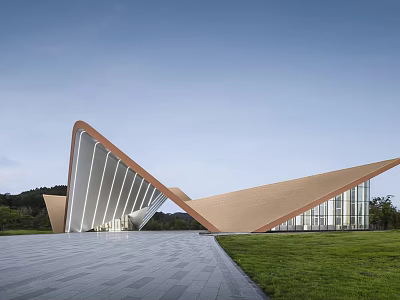 Modern Geometric Architecture With Triangular Metal Roof Glass Curtain Wall Open Plaza And Grassland 3d model