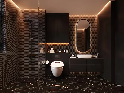 Black Bathroom Interior With Marble Walls Floors Shower Area Toilet And Vanity Mirror 3d model