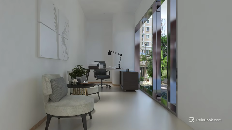 Bright Modern Office Interior Design With Sofa Desk Lamp Green Plant And Large Windows 3d model 
