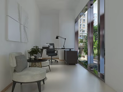 Bright Modern Office Interior Design With Sofa Desk Lamp Green Plant And Large Windows 3d model