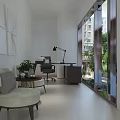 Bright Modern Office Interior Design With Sofa Desk Lamp Green Plant And Large Windows