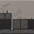 Black Entryway Cabinet and Sideboard with Patterned Doors Decorative Plants Vase and Clock 3d model