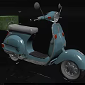Light Blue Vintage Scooter With Rear Green Box And Light Gray Seat