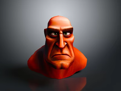 3D Model Of Man With Bald Head Serious Expression Muscular Facial Features Against Dark Background 3d model