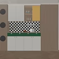 Retro Walnut Multicolor Sideboard Cabinet With Checkerboard Tile Backsplash And Large Practical Storage Space