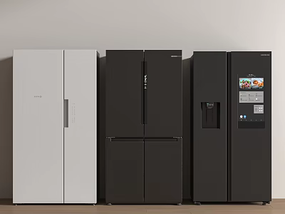 Three Modern Home Refrigerators in White Black with Different Designs Smart Display and Water Dispenser 3d model