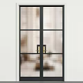 Modern Double Doors With Black Frame Glass Panels And Golden Handles Design