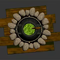 Black Cauldron with Green Liquid Curved Handle on Wooden Stand with Stones and Flames Around