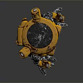 Yellow Worn Mechanical Robot Character With Round Eyes Biomorphic Ears And Metal Clawed Legs