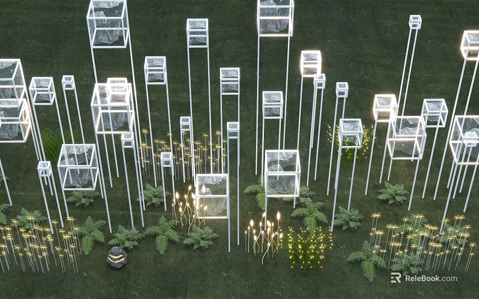 Contemporary Art Installation With Transparent Glass Cubes White Poles And Green Plants 3d model 