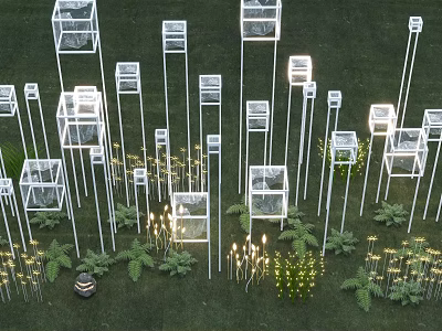 Contemporary Art Installation With Transparent Glass Cubes White Poles And Green Plants 3d model