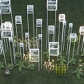 Contemporary Art Installation With Transparent Glass Cubes White Poles And Green Plants