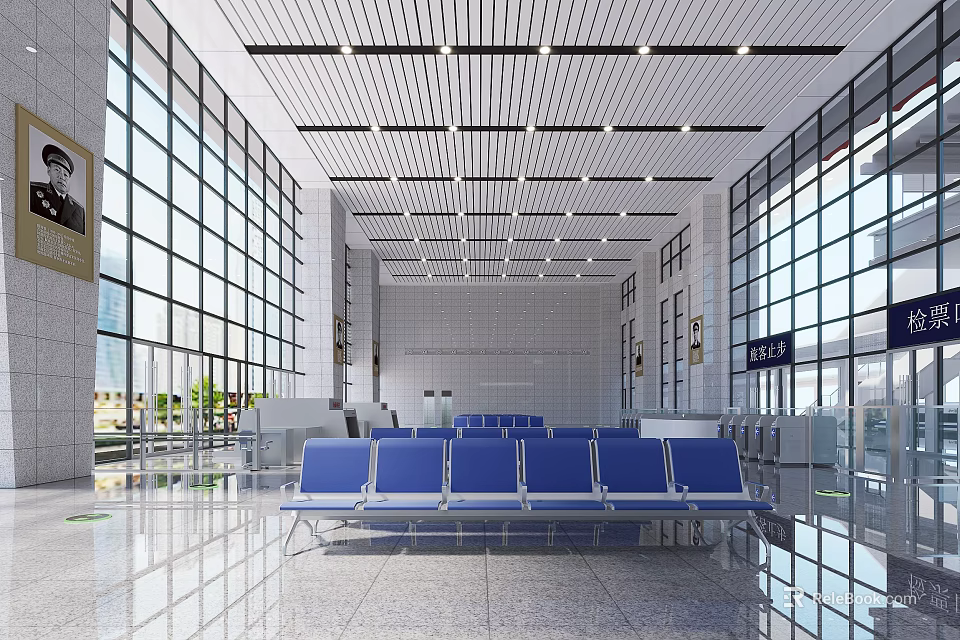 Modern Station Interior With Blue Seats Large Glass Windows And Spacious Hall 3d model 