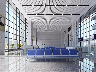 Modern Station Interior With Blue Seats Large Glass Windows And Spacious Hall 3d model