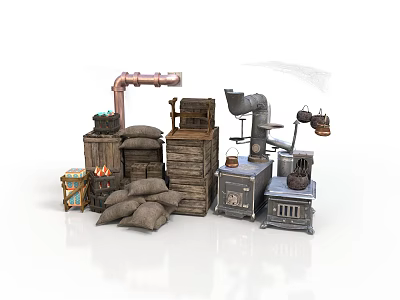 Vintage Industrial Storage Equipment With Wooden Crates Burlap Sacks And Metal Pipes 3d model