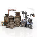 Vintage Industrial Storage Equipment With Wooden Crates Burlap Sacks And Metal Pipes