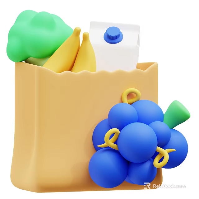 Fresh Fruits In Yellow Shopping Bag With Bananas Blue Grapes And Milk Carton 3d model 