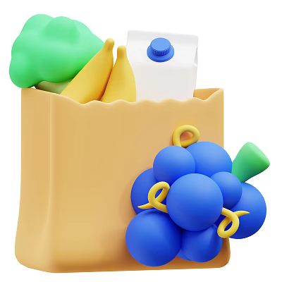 Fresh Fruits In Yellow Shopping Bag With Bananas Blue Grapes And Milk Carton 3d model
