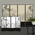 Decorative Room Divider Screen with Botanical Bird and Palm Tree Patterns 3d model