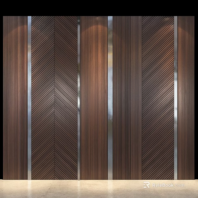 Modern Wooden Wall Decor With Herringbone Pattern And Silver Strips 3d model