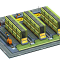 Cartoon Style Logistics Warehouse Facility With Green Warehouses And Orange Forklifts