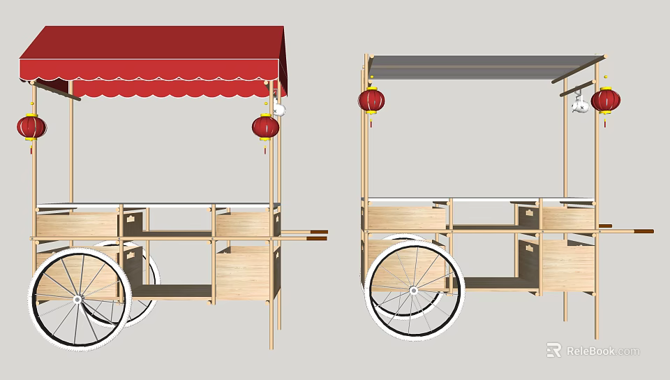 Wooden Functional Carts Featuring Red Awning Hanging Lanterns and Wheels 3d model